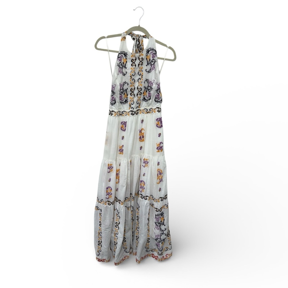 Anthropologie Women’s White Dress with Purple and Orange Embroidery